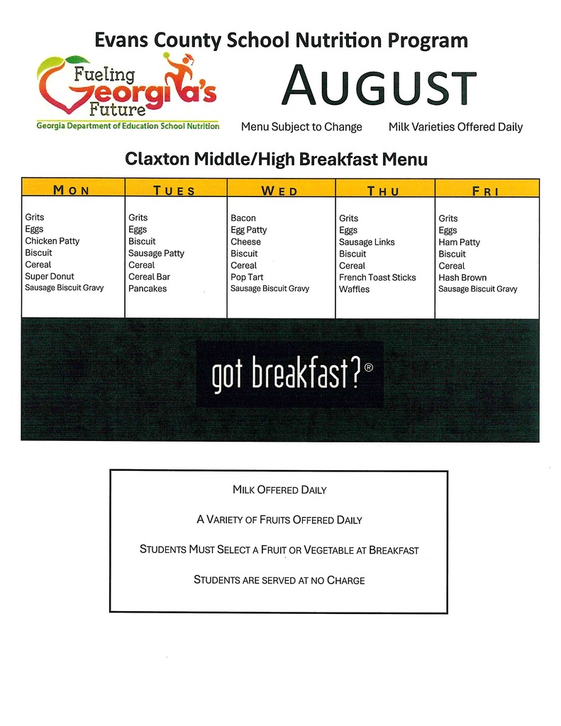 Claxton Middle-High Breakfast Menu