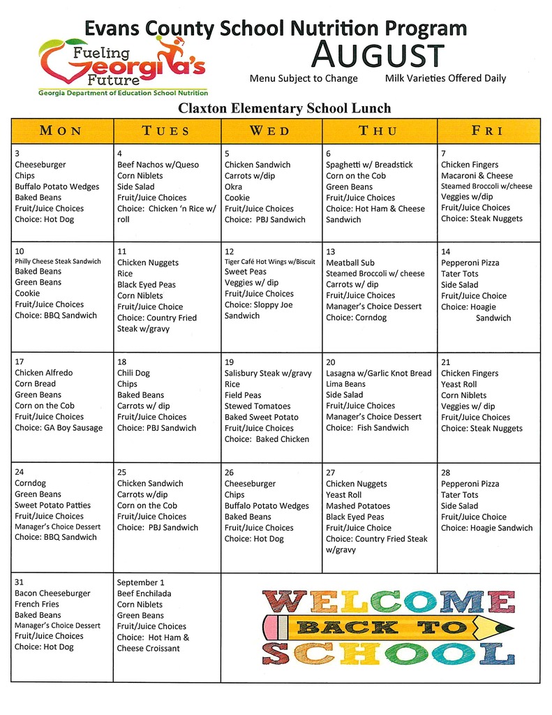 Claxton Elementary Lunch Menu