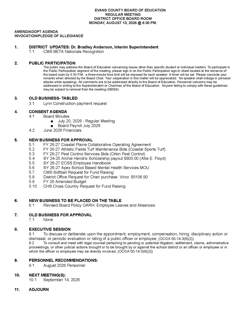 Regular Meeting Agenda
