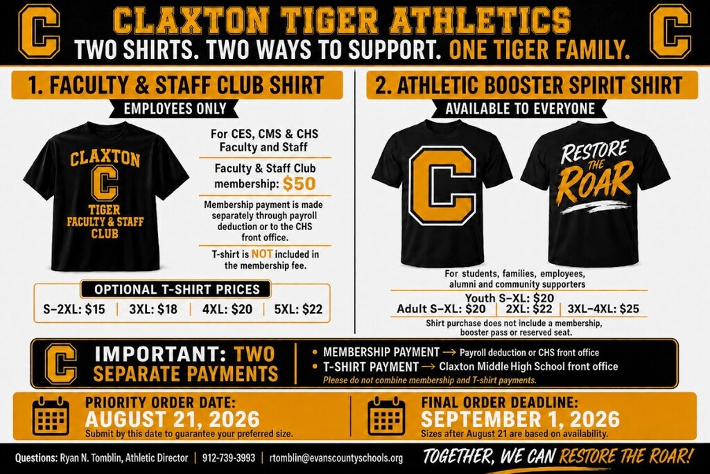 Claxton Tiger Athletics Shirt Order Form