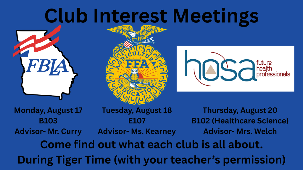 Image showing 📣 ATTENTION CHS STUDENTS: Upcoming Club Interest Meetings! 🐅✨ High school Tigers, are you looking to build your resume, develop real-world leadership skills, or explore future career paths? Come find out what these incredible CHS student organizations are all about! Meetings take place during Tiger Time (with your teacher's permission): 💼 FBLA 📅 When: Monday, August 17 📍 Where: Room B103 👨🏫 Advisor: Mr. Curry 🌾 FFA 📅 When: Tuesday, August 18 📍 Where: Room E107 👩🏫 Advisor: Ms. Kearney 🩺 HOSA 📅 When: Thursday, August 20 📍 Where: Room B102 (Healthcare Science) 👩🏫 Advisor: Mrs. Welch Check in with your Tiger Time teacher for permission before attending. Come get involved and lead the way this year, Tigers! 🖤💛 #ClaxtonHigh #CHSTigers #HighSchoolClubs #FBLA #FFA #HOSA #GetInvolved #TigerTime