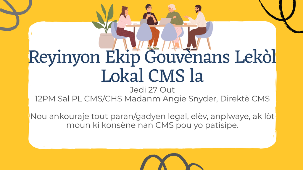 Image showing Haitian Creole version of 🚀 LEVEL UP WITH CMS! 🐅 Claxton Middle School invites all LSGT members, parents, guardians, students, and community stakeholders to join us as we Focus, Learn, Practice, Improve, and Achieve together for the 2026-2027 school year! 📅 When: Thursday, August 27 at 12:00 PM (Noon) 📍 Where: CMS/CHS PL Room 📋 Event: Local School Governance Team (LSGT) Meeting Your voice matters as we continue to Level Up our school community! 🏆✨ For more information, please contact CMS Principal, Mrs. Angie Snyder. #ClaxtonMiddleSchool #CMSLevelUp #TigerPride #CMSLSGT #LevelUp2026 #SchoolGovernance #CommunityInvolvement #ClaxtonTigers