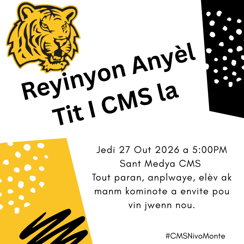 Image showing Haitian Creole version of 🚀 Level Up Your Student’s Success: Annual Title I Meeting! 🎮 Game on! We are calling all parents, guardians, educators, students, and community members to join forces for our Title 1 Meeting. When we team up, our students gain the ultimate advantage. Come learn how we are unlocking new possibilities, ask questions, share your vision, and help our school community Level Up this year! 📍 Event Details When: Thursday, August 27th at 5:00 PM Where: CMS Media Center Thur Who: EVERYONE! Parents, staff, students, and community leaders are all invited to play a role. 🎮 What’s on the Agenda? Power up your knowledge as we explore key areas driving our school forward: 📚Academic Quests & Curriculum: Get the breakdown on our instructional strategies, learning standard expectations, assessments, and growth targets. 💰Funding Power-Ups: Discover how federal Title I funds are directly used to supply resources, tools, and support for our classrooms. 🤝Family Alliances: Explore ways you can stay engaged, partner with teachers, and participate in family programs throughout the school year. 💡Voice Your Vision: Offer your direct feedback, ask important questions, and help shape our educational focus for maximum student success. Your partnership is the ultimate code for student achievement—see you in the Media Center! #CMSLevelUp #Title1Meeting #FamilyEngagement #StrongerTogether