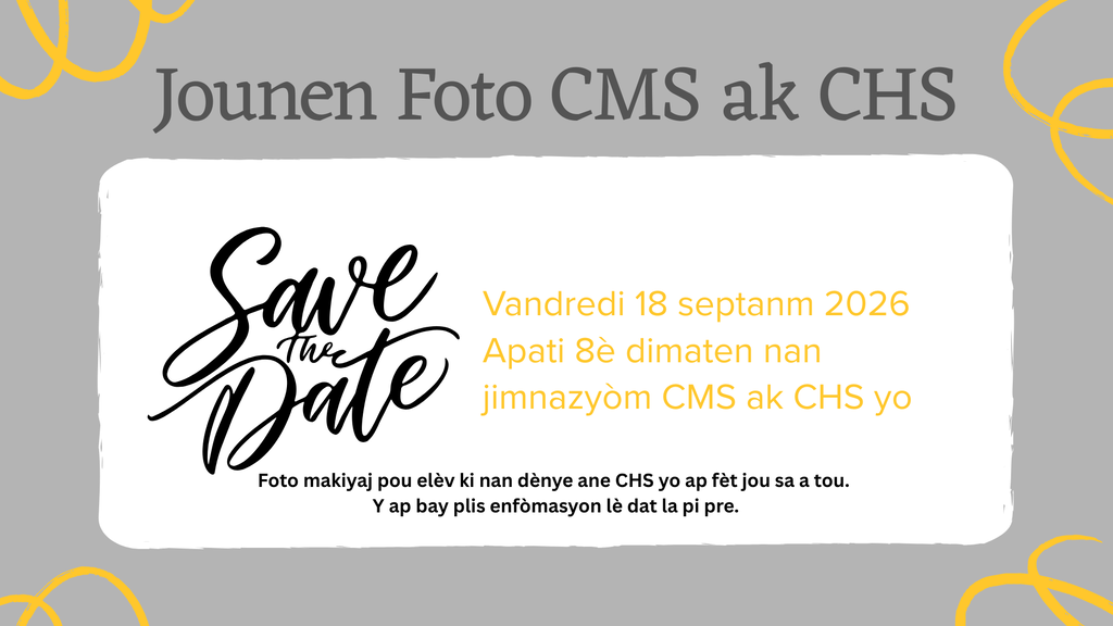 Image showing Haitian Creole version of 📸 SAVE THE DATE: CMS & CHS PICTURE DAY! 😁✨ Tiger Nation, mark your calendars and get ready to bring your best smiles! 📷 🗓️ Date: Friday, September 18, 2026 ⏰ Time: Starting at 8:00 AM 📍 Location: CMS & CHS Gyms 🎓 Senior Note: Makeup picture day for CHS Seniors will also take place during this time! More details will be shared as the date gets closer. Let’s bring that Tiger pride and show off those bright Tiger smiles! 🐅🖤💛 Once a Tiger, always a Tiger! #OneRoar # LevelUp #ClaxtonTigers #PictureDay #CHSTigers #CMSTigers #OnceATigerAlwaysATiger #ClaxtonGA #TigerPride
