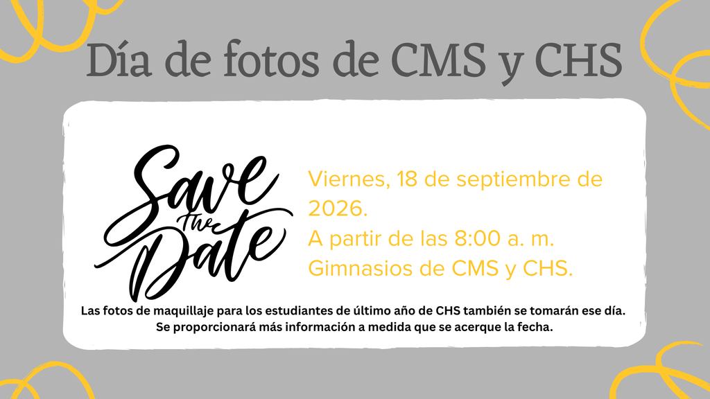Image showing Spamish version of 📸 SAVE THE DATE: CMS & CHS PICTURE DAY! 😁✨ Tiger Nation, mark your calendars and get ready to bring your best smiles! 📷 🗓️ Date: Friday, September 18, 2026 ⏰ Time: Starting at 8:00 AM 📍 Location: CMS & CHS Gyms 🎓 Senior Note: Makeup picture day for CHS Seniors will also take place during this time! More details will be shared as the date gets closer. Let’s bring that Tiger pride and show off those bright Tiger smiles! 🐅🖤💛 Once a Tiger, always a Tiger! #OneRoar # LevelUp #ClaxtonTigers #PictureDay #CHSTigers #CMSTigers #OnceATigerAlwaysATiger #ClaxtonGA #TigerPride