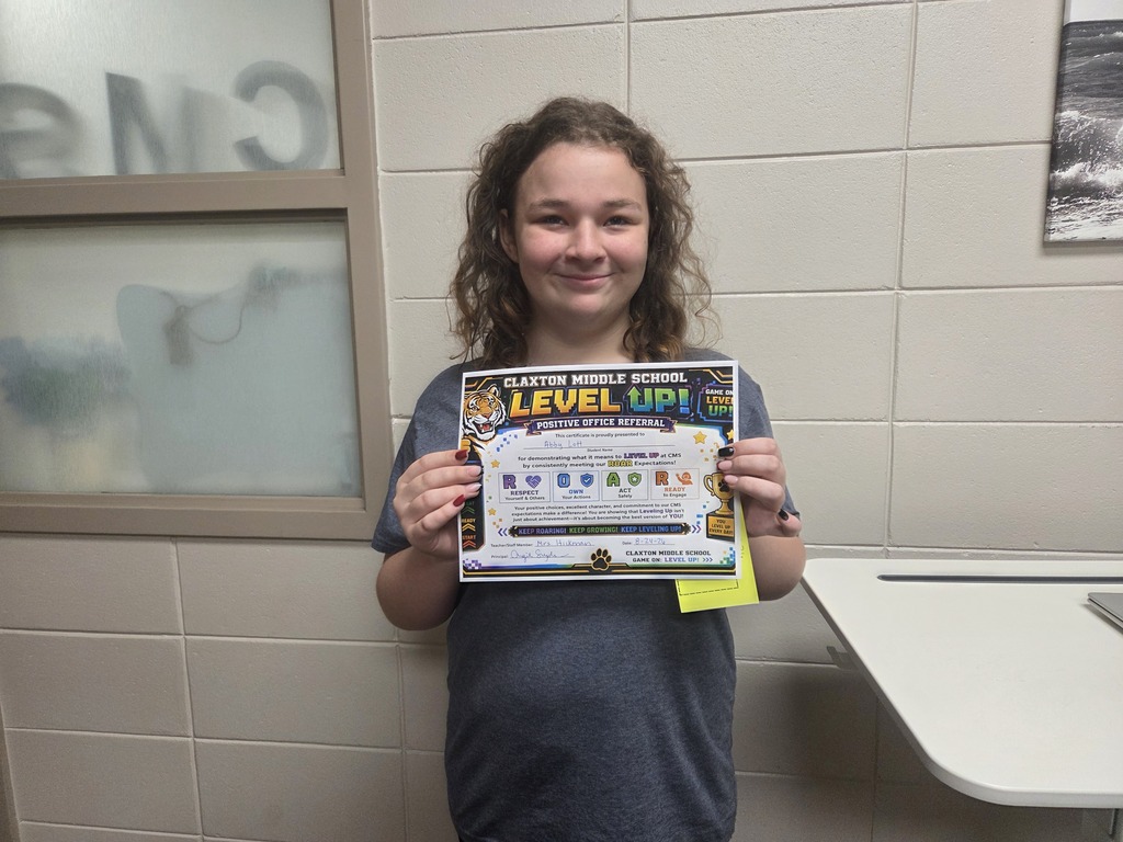 Image showing 🎉 LEVELING UP THE CMS ROAR! 🐅⭐ Huge congratulations to Abby Lott for earning a Positive Office Referral! Abby is leading by example and demonstrating what it truly means to Focus, Learn, Practice, Improve, and Achieve by being exceptional at meeting our CMS ROAR expectations. Way to set the bar high and show your Tiger Pride, Abby! Keep up the amazing work as we continue to Level Up this school year! 📚🏆✨ #ClaxtonMiddleSchool #CMSLevelUp #ROAR #PositiveOfficeReferral #TigerPride #LevelUp2026 #CMSExcellence #StudentSpotlight