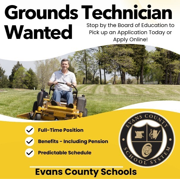 Graphic advertising the Grounds Technician position including information from the post.