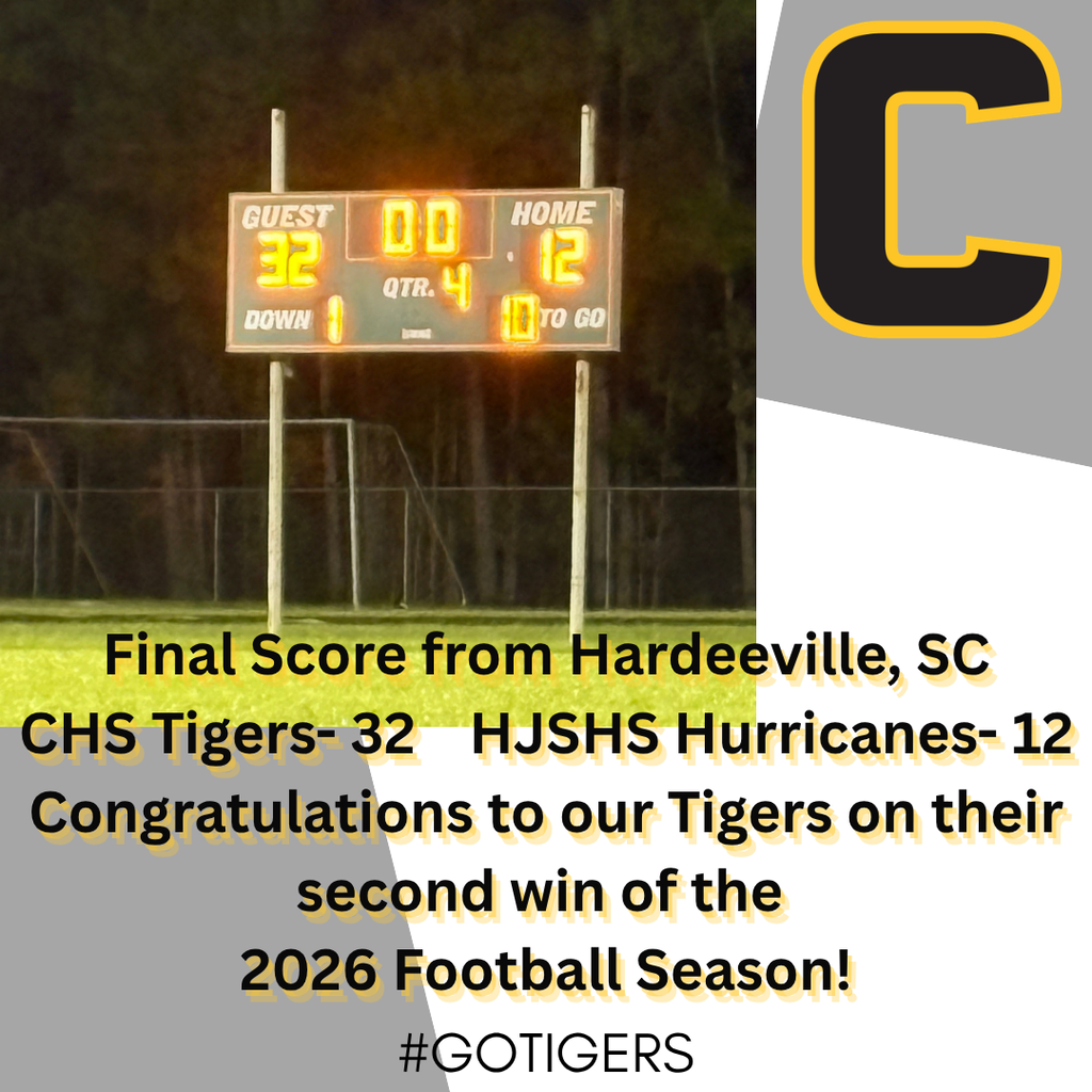 Image showing 🚨 ANOTHER ROAD VICTORY FOR THE TIGERS! 🏈🐅⚡ Ladies and gentlemen, the CHS Varsity Tigers took their show on the road again this week and blew past the HJSHS Hurricanes in Hardeeville, SC! 🌀💥 Our Tiger Pride is roaring loud and clear as the team brings home a 32–12 WIN! 🏆🔥 Relentless effort, team execution, and playing together with one purpose—that’s how Tigers get it done! Keep that One Roar echoing all the way back to Claxton! 🖤💛 Once a Tiger, always a Tiger! 🐅🐾 #OneRoar #ClaxtonTigers #CHSTigerFootball #FridayNightLights #RoadWin #TigerPride #OnceATigerAlwaysATiger #ClaxtonGA #CHSTigers