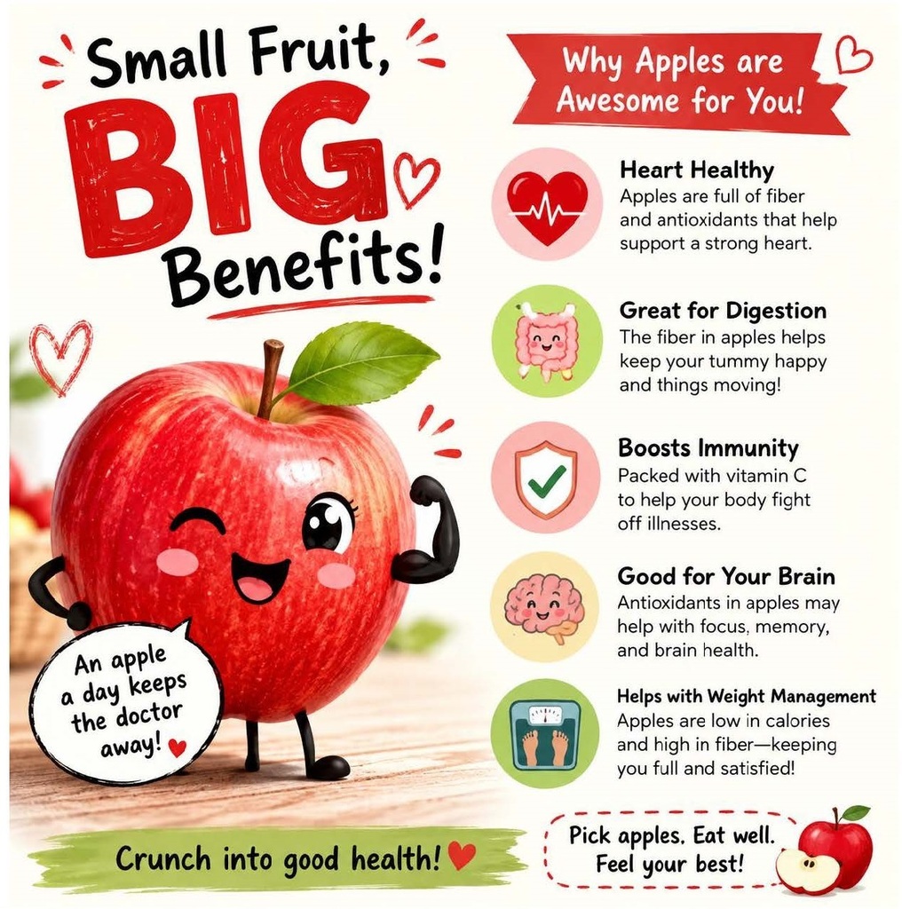An illustrated health graphic titled “Small Fruit, BIG Benefits! Why Apples are Awesome for You!” highlights five benefits of eating apples: apples contain fiber and antioxidants that support heart health; fiber helps with digestion; vitamin C supports the immune system; antioxidants may help with focus, memory, and brain health; and apples are low in calories and high in fiber, which can help with weight management by keeping you full and satisfied. A smiling cartoon apple says, “An apple a day keeps the doctor away!” The graphic ends with, “Crunch into good health!” and “Pick apples. Eat well. Feel your best!”