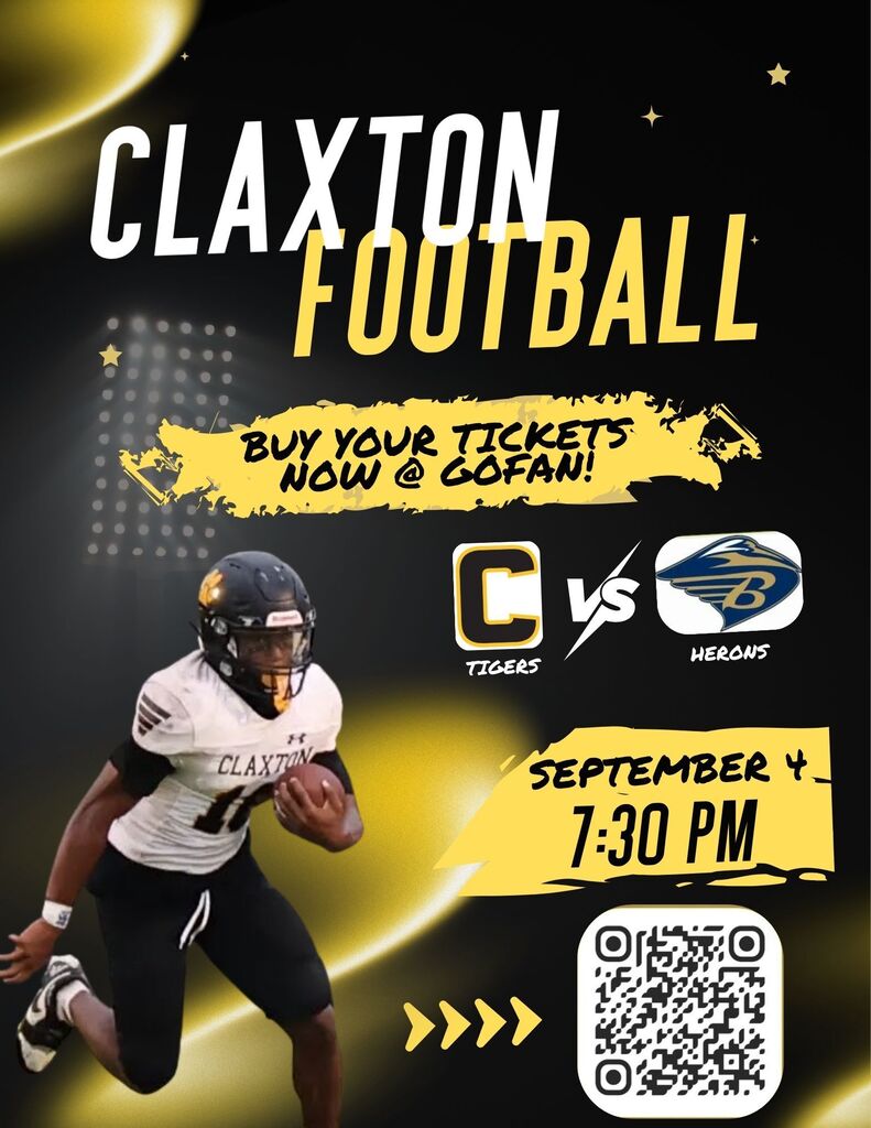 🐯💛 WELCOME BACK TO VETERANS MEMORIAL STADIUM CLAXTON TIGERS! 💛🐯 TIGER FANS — DON’T WAIT UNTIL FRIDAY! 📣 The Claxton Tigers take on the Brantley County Herons THIS FRIDAY, September 4th at 7:30 PM for a BIG night of HOME FOOTBALL! 🏈🔥 🎟️ IMPORTANT TICKET INFO: There will be ONLY ONE CASH LINE at EACH gate — one at the HOME gate and one at the VISITOR gate. 👉 Skip the wait and get your tickets NOW through GoFan! 📲 SCAN THE QR CODE ON THE FLYER TO GET YOUR TICKETS! Let’s pack the stands, wear that TIGER BLACK & GOLD, and get loud for our boys! 🐯💛🖤