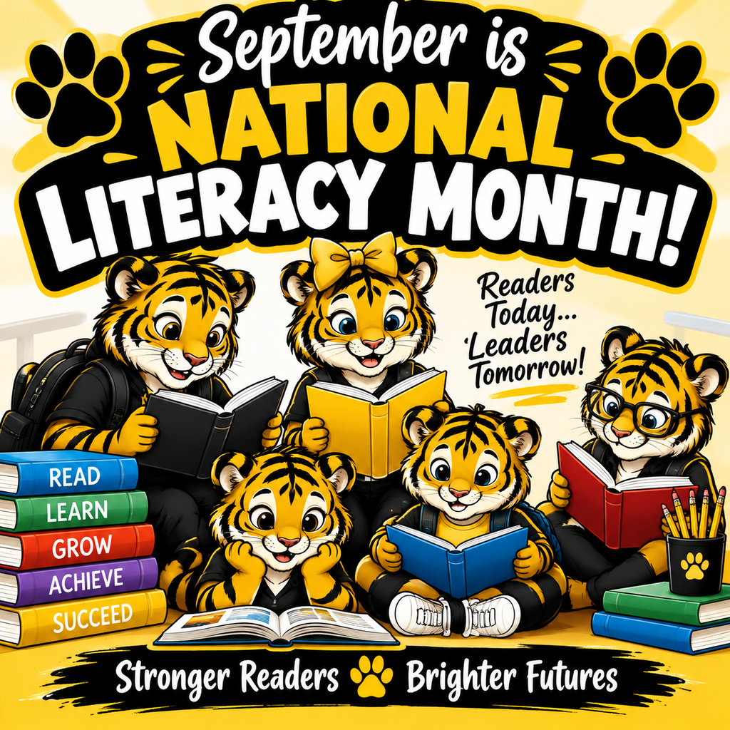 Graphic that says: September is National Literacy Month! Readers Today... Leaders Tomorrow! Stronger Readers, Brighter Futures.