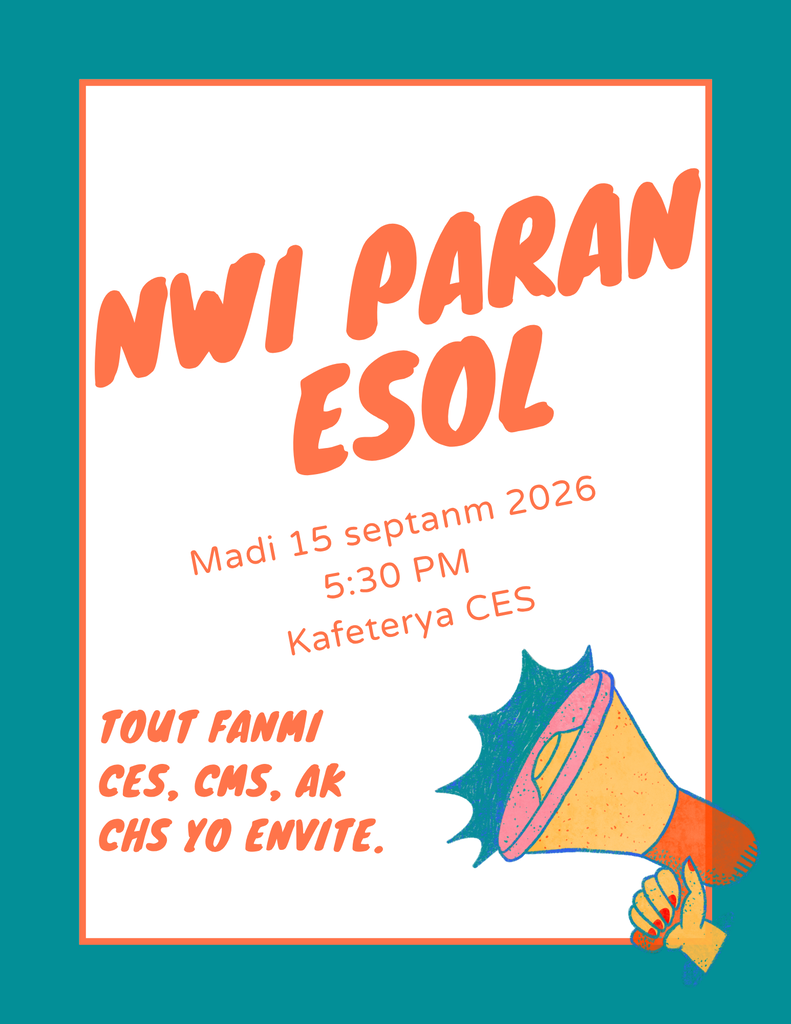 Image showing Haitian Creole 📣 ESOL Parent Night is Coming Up! 📣  Families of Claxton Elementary, Middle, and High School students—join us for an interactive evening focused on your child's English language progress and academic success!  📅 Date: Tuesday, September 15, 2026  ⏰ Time: 5:30 PM  📍 Location: CES Cafeteria  What We’ll Cover: 📊 MAP Assessment Data: Learn how we measure your child's academic growth.  🗣️ WIDA Language Standards: Understand how we track English proficiency across listening, speaking, reading, and writing.  💡 Flashlight 360 & Learning Tools: Explore the key resources we use to build confidence in communication.  We look forward to partnering with you to support your student!   #EvansCountySchools #ESOL #ParentNight #StudentSuccess #CommunityInEducation