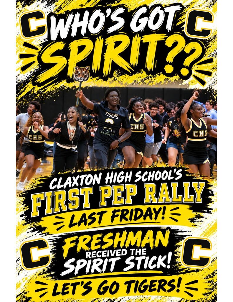 🐯💛🖤 WHO’S GOT SPIRIT?! CLAXTON HIGH SCHOOL DOES!!! 🖤💛🐯 The FIRST Pep Rally of the year was absolutely ELECTRIC! 🔥🙌 Our students showed up, brought the energy, and proved that Tiger Spirit is STRONG! 🏆🎉 CONGRATULATIONS TO THE FRESHMAN CLASS 🎉🏆 They brought the BIGGEST energy and earned the FIRST SPIRIT STICK of the year! 🪄🏆 Freshman, you set the bar HIGH! 👏🔥 Now the challenge is on… WHO’S READY TO TAKE THE SPIRIT STICK NEXT?! 👀🐯 Let’s keep that energy going all year long! ONE SCHOOL. ONE COMMUNITY. ONE TIGER NATION! 🐯💛🖤 #WhosGotSpirit #ClaxtonHighSchool #TigerNation #TigerPride #RestoreTheRoar #SpiritStick #GoTigers 🐯