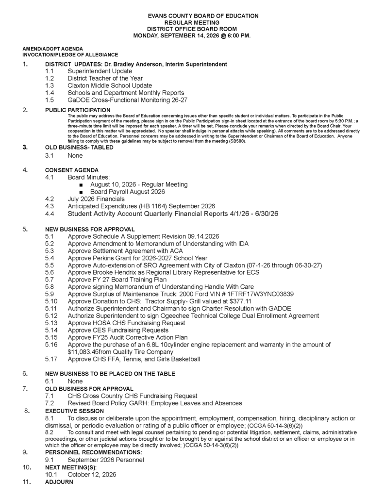 Board Meeting Agenda