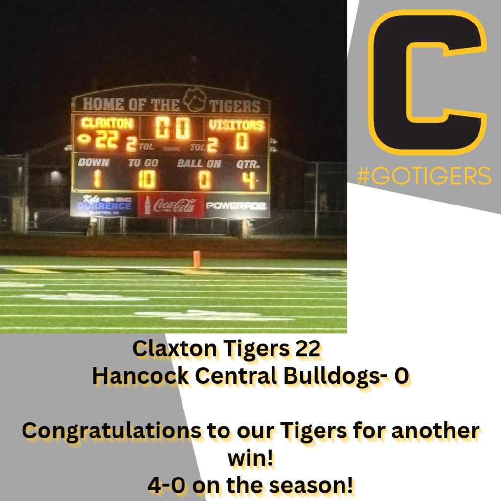 Image showing 🚨 SHUTOUT IN TIGER TOWN! TIGERS WIN 22-0! 🏈🐅⚡ Congratulations to our Claxton Tiger Varsity Football team! The Tigers put on a dominant show at home on Friday night, shutting out the Hancock Central Bulldogs 22–0 at Veterans Memorial Field! 🏆🔒🔥 From explosive plays on offense to an absolute brick wall on defense, our guys showed up, played hard, and protected the home turf in front of an incredible crowd! 🖤💛 4 games in, momentum building, and a whole community roaring together with one shared purpose! We are so proud of our Tigers! 🥁🎺📣 Once a Tiger, always a Tiger! 🐅🐾 #OneRoar #ClaxtonTigers #CHSTigerFootball #Shutout #TigerTown #VeteransMemorialField #FridayNightLights #TigerPride #OnceATigerAlwaysATiger #ClaxtonGA #CHSTigers