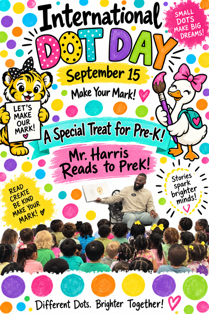 🔴🟡🔵 International Dot Day: A Special Visitor Makes His Mark! 🟢🟣🩷 On Tuesday, September 15, Evans County Pre-K received a royal treat! 👑🐯 Our very own Claxton Elementary School Principal, Mr. Harris, stopped by with a special book in hand, The Dot, to celebrate International Dot Day with our littlest Tiger Cubs! Mr. Harris didn’t just read a story. He made his mark! ❤️ He made lots of new four- and five-year-old friends, shared encouraging words, brought plenty of smiles, and reminded our children that their ideas, creativity, and voices matter. And judging by all those little faces, we’re pretty sure he gained quite the fan club! 😂📚 There is something extra special about watching our school leaders take time to sit on a child’s level, open a book, and simply be present. Those few minutes may seem small, but to a four-year-old, they can be a very BIG dot in their school story. 🥹💕 Thank you, Mr. Harris, for taking time out of your busy day to read, laugh, encourage, and connect with our Tiger Cubs. Your visit was greatly enjoyed and truly appreciated! 🔴 One book. One visit. Lots of smiles. One BIG mark on some very little hearts. 🟡💙 Happy International Dot Day from Evans County Pre-K! 🎨 Make your mark...and see where it takes you!