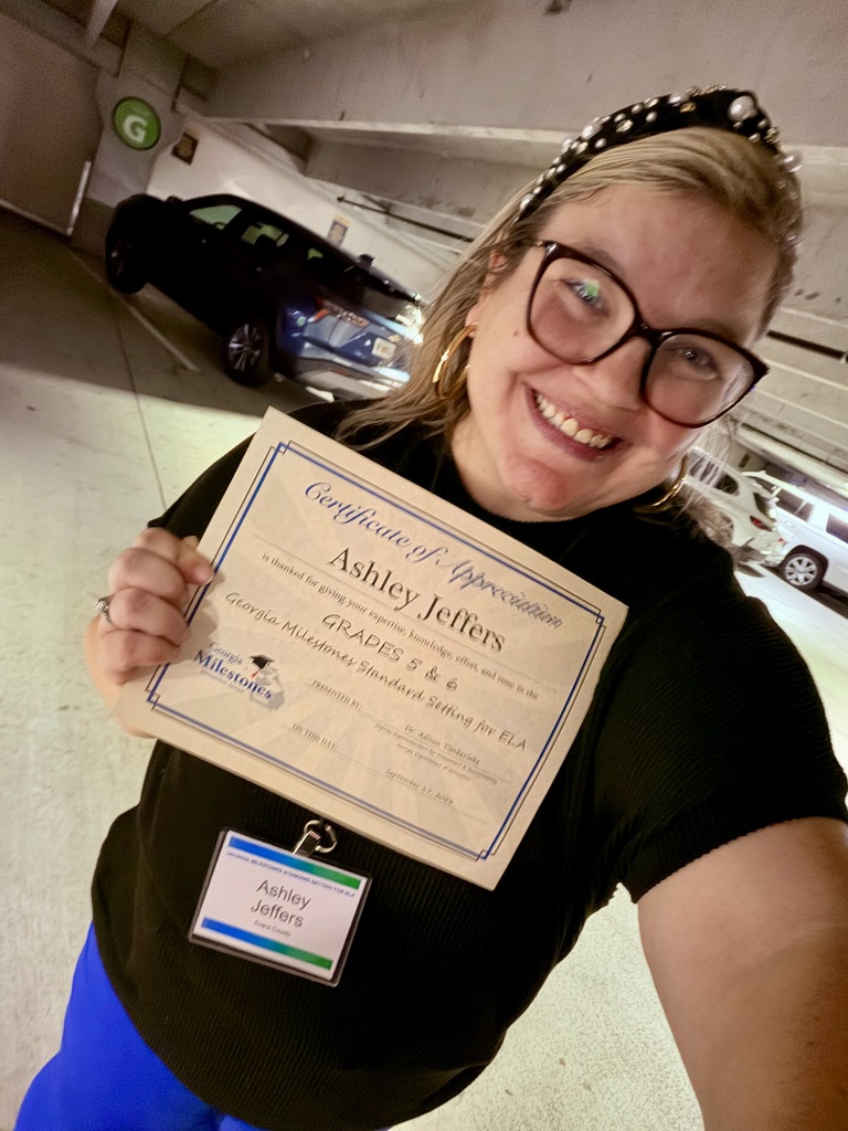 Image showing 🌟 ECSS ELA REPRESENTED AT THE STATE LEVEL! 🌟 Evans County Schools is proud to recognize Ashley Jeffers, 6th Grade ELA teacher at Claxton Middle School, who was selected by the Georgia Department of Education to represent Evans County during the Georgia Milestones Standard Setting for English Language Arts in Atlanta. Over the course of four days, Ms. Jeffers joined nearly 60 educators representing 58 school districts from across Georgia to participate in this important state-level work. As a member of the Grades 5 & 6 ELA group, she contributed her classroom experience, professional knowledge, and perspective as an ELA educator to the Georgia Milestones standard-setting process. The experience provided an opportunity to collaborate with educators from across Georgia, gain valuable insight into ELA standards, assessment, and student performance expectations, and build professional connections that can positively impact classroom instruction and student achievement. 🖤💛 Congratulations, Ms. Jeffers, on this outstanding professional accomplishment and for proudly representing Claxton Middle School and Evans County Schools at the state level!