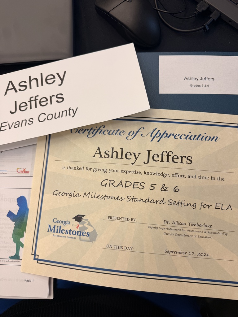 Image showing 🌟 ECSS ELA REPRESENTED AT THE STATE LEVEL! 🌟 Evans County Schools is proud to recognize Ashley Jeffers, 6th Grade ELA teacher at Claxton Middle School, who was selected by the Georgia Department of Education to represent Evans County during the Georgia Milestones Standard Setting for English Language Arts in Atlanta. Over the course of four days, Ms. Jeffers joined nearly 60 educators representing 58 school districts from across Georgia to participate in this important state-level work. As a member of the Grades 5 & 6 ELA group, she contributed her classroom experience, professional knowledge, and perspective as an ELA educator to the Georgia Milestones standard-setting process. The experience provided an opportunity to collaborate with educators from across Georgia, gain valuable insight into ELA standards, assessment, and student performance expectations, and build professional connections that can positively impact classroom instruction and student achievement. 🖤💛 Congratulations, Ms. Jeffers, on this outstanding professional accomplishment and for proudly representing Claxton Middle School and Evans County Schools at the state level!