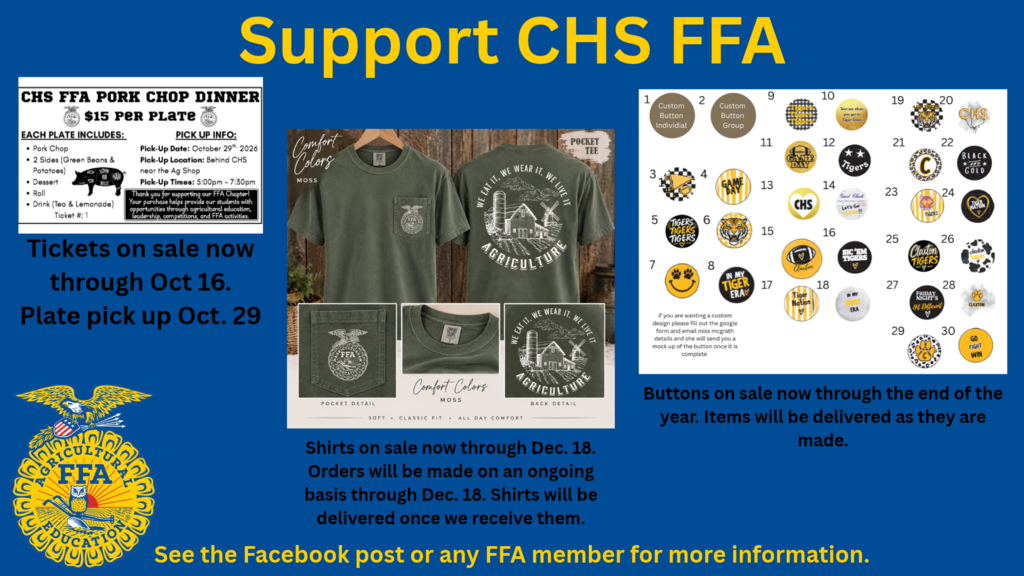 Image showing 🌾🥩 SUPPORT OUR CLAXTON HIGH SCHOOL FFA! 🚜💙🟡 Our CHS FFA chapter is kicking off three fantastic fundraisers, and we need Tiger Nation’s support to help our students grow, lead, and succeed this year! 🌟 Check out how you can support our local chapter: 🥩 FFA Pork Chop Sale Sales Start: September 15th Order Deadline: October 16th Pick-Up Date: October 29th Stock up on delicious pork chops and support student leadership! 👕 CHS FFA T-Shirt Sales Sales Window: Now through December 18th Order Info: Rolling orders will be placed throughout the semester, so grab your gear early and wear your FFA pride all year long! Place your order here: https://docs.google.com/forms/d/e/1FAIpQLSez1DTk3vnofp7EhHka9JhUrYbYQRuWcMntB9HKYifz6vKWaQ/viewform 🔘 Game Day & Event Buttons Sales Window: Available now through the end of the school year! Show your Tiger Pride at games, meets, and campus events with custom buttons! Place your order for your buttons here- https://docs.google.com/forms/d/e/1FAIpQLSfuCJNijCi8iByzdd55UboULPZfzk0RCRnBaaiDlSZcm6cmgw/viewform Supporting our future agricultural leaders, giving back, and moving together with one shared purpose under One Roar! 🐅⚡ Once a Tiger, always a Tiger! 🐅🐾 📩 Contact any CHS FFA officer, member, or advisor to place your orders today! #OneRoar #ClaxtonTigers #ClaxtonFFA #GeorgiaFFA #AgScience #SupportFFA #TigerPride #OnceATigerAlwaysATiger #ClaxtonGA #CHSTigers