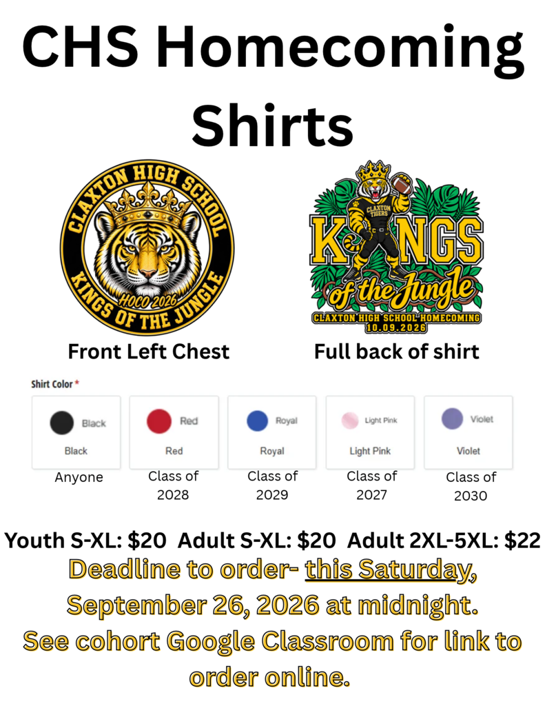Image showing 📣 SHOW YOUR CLASS COLORS! CHS HOMECOMING SHIRTS ON SALE NOW! 🏈🎉🐅🖤💛 Homecoming is right around the corner, and it is time to represent your class in style! 👕✨ CHS Homecoming Shirts are officially available to order, but you have to act fast—the order window is open for a very short time! ⏳⚡ Class Color Breakdown: 💜 Class of 2030 (Freshmen): Purple 💙 Class of 2029 (Sophomores): Blue ❤️ Class of 2028 (Juniors): Red 🩷 Class of 2027 (Seniors): Pink 🖤 All Classes & Teachers: Black option available! (Teachers & Staff: Grab a shirt in your Tiger Pride cohort color or in classic black to show your spirit!) 💵 Pricing: Youth S–XL: $20.00 Adult S–XL: $20.00 Adult 2XL–5XL: $22.00 🗓️ ORDER DEADLINE: Saturday, September 26th at Midnight! ⏰ (No late orders can be accepted, so don't wait!) To order: https://page.albrechtco.com/claxton-high-school-homecoming-2026 🙌 When to Wear Them: We want EVERYONE decked out in their class colors at the Powder Puff Game on Thursday night of Homecoming Week and to school on Friday for Spirit Day! 🥁📣 Let's flood the halls and stadium with color, energy, and school pride as we unite with one shared purpose under One Roar! 🐅🖤💛 Once a Tiger, always a Tiger! 🐅🐾 #OneRoar #ClaxtonTigers #CHSHomecoming #Homecoming2026 #ClassColors #TigerPride #ClassOf2027 #ClassOf2028 #ClassOf2029 #ClassOf2030 #OnceATigerAlwaysATiger #ClaxtonGA #CHSTigers