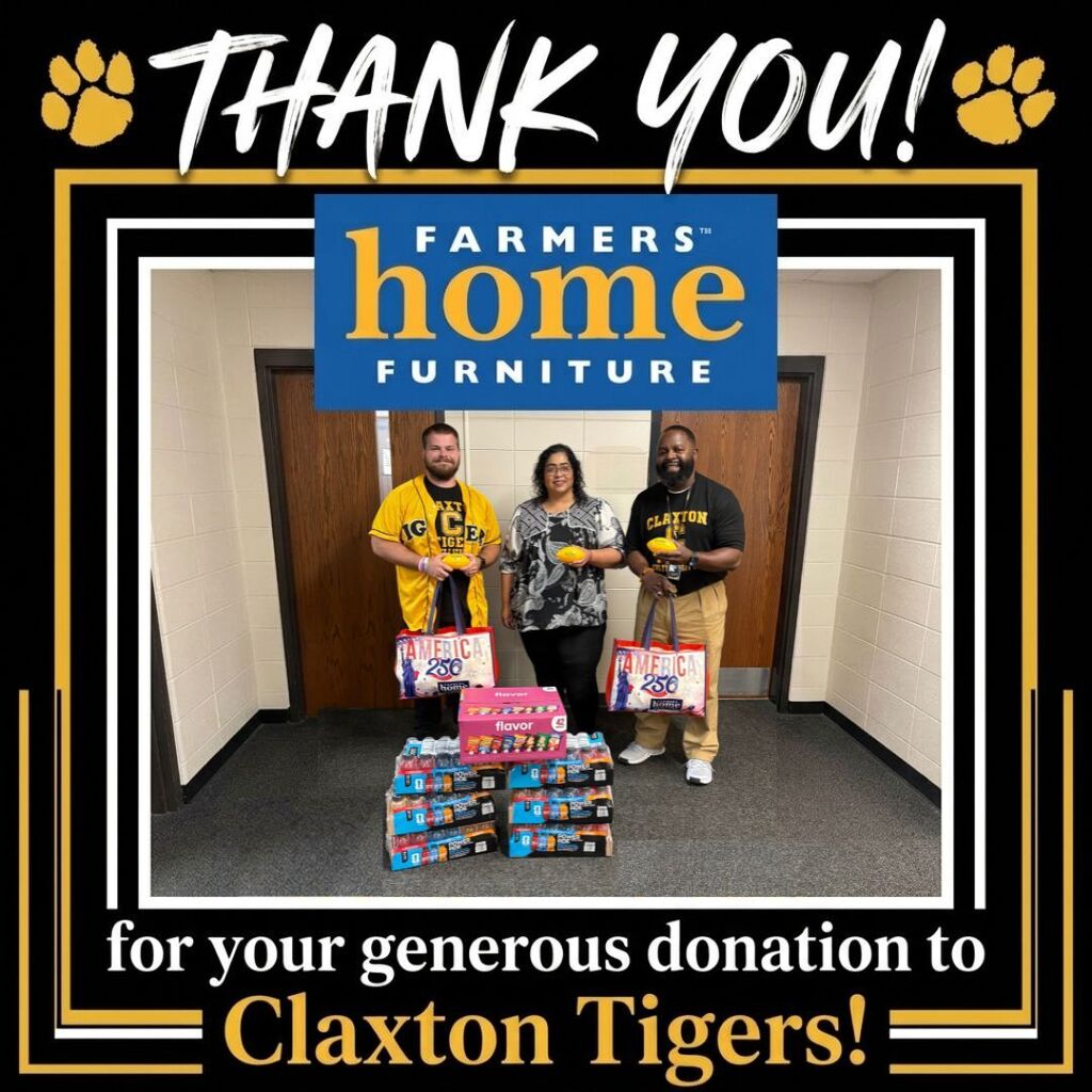 💛🖤 A SPECIAL THANK YOU! 🖤💛 Claxton High School and Claxton Tiger Athletics would like to extend a HUGE THANK YOU to Farmers Home Furniture for their generous donation! Your support means so much to our students, athletes, coaches, and entire Tiger Nation community. When local businesses invest in our schools and students, it helps us continue to build opportunities, create memories, and Restore the Roar! 🐯 We are truly grateful for your generosity and continued support of Claxton High School and Tiger Athletics! Thank you, Farmers Home Furniture, for being a valued part of our Tiger family! 💛🖤 #ThankYou #TigerNation #ClaxtonTigers #ClaxtonTigerAthletics #RestoreTheRoar #CommunitySupport #TigerPride