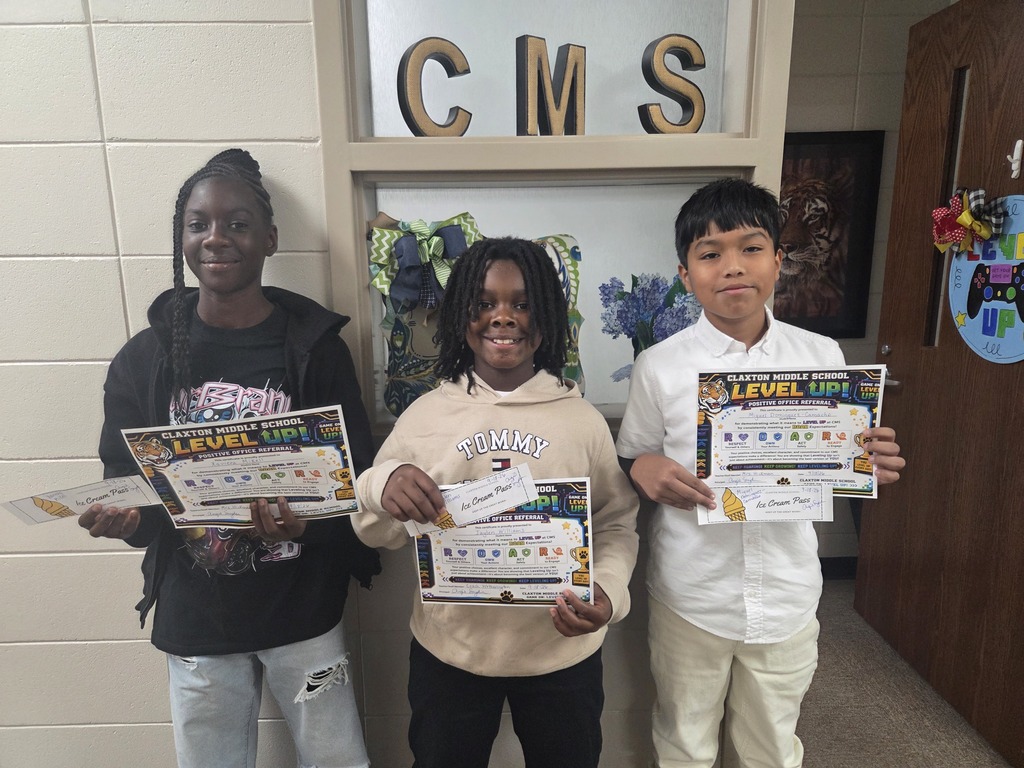At Claxton Middle School, a trip to the office can be a GREAT thing! We’re proud to recognize our students who received Positive Office Referrals! These students are showing us what it means to LEVEL UP by helping make our school a better place each day. Pictured from left to right: Xaviera Mikell, Jaylen Williams, and Miguel Dominguez-Camacho