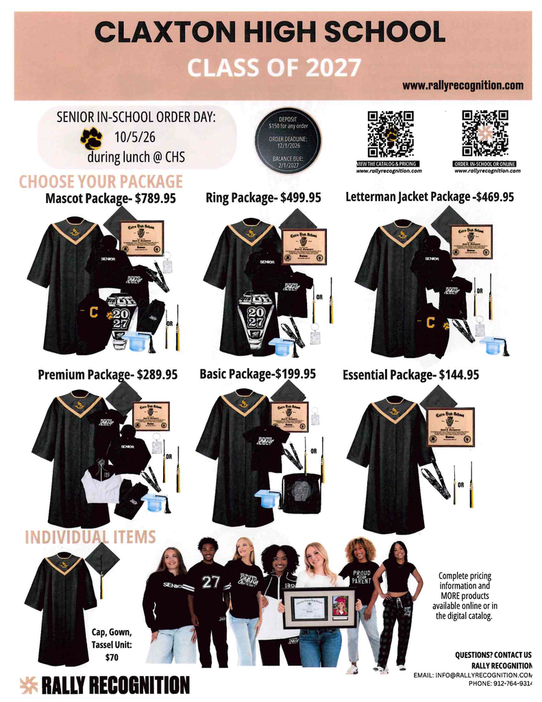 Image showing 🎓 SENIORS! IT'S TIME TO ORDER YOUR CAP & GOWN! 🎓🐅🖤💛 Class of 2027, you’ve officially hit another massive milestone in your senior year! It’s time to order your official cap, gown, tassel, and all your Class of 2027 graduation goodies! 📜✨ Rhett Brenner, our representative from Herff Jones, recently visited CHS to share all the details about senior gear, graduation announcements, and keepsakes. Here is what you need to know for ordering: 📅 In-Person Order Day: Monday, October 5, 2026 ⏰ Time: During BOTH CHS Lunches 📍 Location: CHS Cafeteria 💻 Order Online Anytime: Visit www.rallyrecognition.com to place your orders online! The Herff Jones team will be on campus on October 5th to help you figure out your exact sizing, answer questions about how to order, and collect your orders for all things Class of 2027! 🎓🔥 Check out the attached informational flyers for full package details and pricing! Don't miss out on getting your senior gear locked in as we celebrate with one shared purpose under One Roar! ⚡ Once a Tiger, always a Tiger! 🐅🐾 #OneRoar #ClaxtonTigers #ClassOf2027 #SeniorYear #HerffJones #CapAndGown #Graduation2027 #TigerPride #OnceATigerAlwaysATiger #ClaxtonGA #CHSTigers