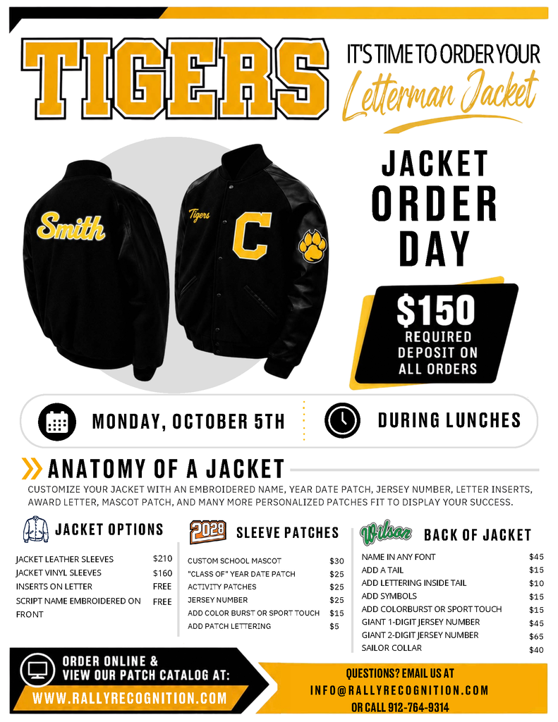 Image showing 🎓🧥 ATTENTION SENIORS & LETTERMAN JACKET EARNERS! 🐅🖤💛 Representatives from Herff Jones will be on campus soon! Whether you are locked into senior prep or earned your letter on the court, track, or field, make sure to visit their team during lunch! 📜✨ 📅 Date: Monday, October 5, 2026 ⏰ Time: During BOTH CHS Lunches 📍 Location: CHS Cafeteria What's Available: 🎓 Class of 2027: Cap, gown, tassel, and official Class of 2027 gear orders & sizing help! 🧥 All CHS Students: Ordering and sizing support for official CHS Letterman Jackets! 💻 Order Online Anytime: Visit www.rallyrecognition.com to place your orders online. 📩 Questions? Contact Herff Jones Directly: Email: info@rallyrecognition.com Phone: 912-764-9314 Don't miss this opportunity to lock in your senior gear or showcase your achievements in a custom letterman jacket! One team, one drive, one shared purpose! ⚡ Once a Tiger, always a Tiger! 🐅🐾 #OneRoar #ClaxtonTigers #ClassOf2027 #SeniorYear #LettermanJacket #HerffJones #RallyRecognition #CapAndGown #TigerPride #OnceATigerAlwaysATiger #ClaxtonGA #CHSTigers