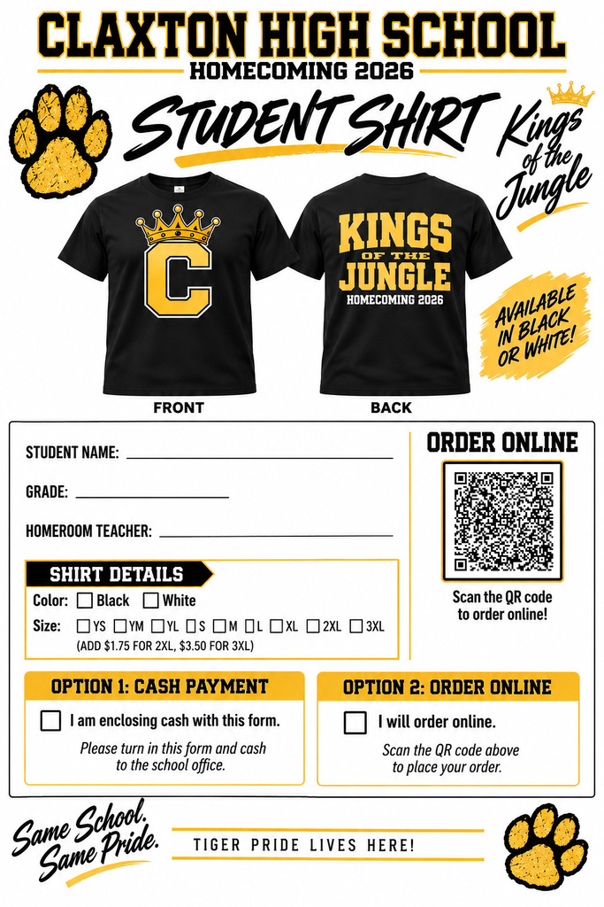 🐯👑 CHS HOMECOMING SHIRTS ARE READY TO ORDER! 👑🐯 Get ready for Kings of the Jungle — Homecoming 2026! Brookeside Gifts has shirts designed for Students, Alumni, Faculty & Staff, Tiger Town supporters! 🖤💛 Shirts are printed to order and available in black or white. 📅 ORDER BY OCTOBER 6 to guarantee in-store pickup before the Homecoming Parade on October 8! 🛍️ Order online here: https://brooksidegifts.com/collections/chs-homecoming-2026 Or scan the QR code on the flyers to go straight to the Homecoming collection.