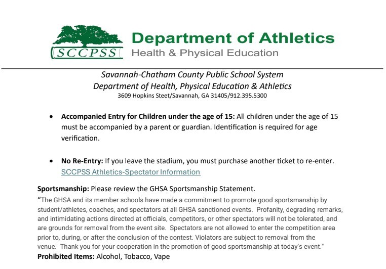 🏈 GAME NIGHT, TIGER FANS! 🐯 We’re excited to welcome everyone out to support our Tigers tonight! Before heading to the game, please take a moment to review the important spectator information below so you can be prepared for a safe and enjoyable evening. 🎟️ TICKETS All tickets are sold electronically through GoFan. Search SCCPSS in the GoFan search bar to find tonight’s event and purchase your tickets in advance. 👨👩👧 IMPORTANT ADMISSION INFORMATION • Children under 15 years old must be accompanied by a parent or guardian. Identification is required for age verification. • No re-entry: If you leave the stadium, you will need to purchase another ticket to return. • Clear Bag Policy: All bags must be clear, with the exception of a small clutch. • Security screening is required for everyone entering the stadium. • Please refer to the appropriate stadium map for parking, seating, and entry information. 📣 SPORTSMANSHIP Let’s show our Tiger pride by supporting our student-athletes, coaches, officials, and fellow fans with positive sportsmanship! Profanity, degrading remarks, intimidation, or disruptive behavior will not be tolerated and may result in removal from the event. 🚫 PROHIBITED ITEMS Alcohol, tobacco, and vapes are not permitted. Thank you for helping us create a safe, respectful, and exciting atmosphere for everyone! 🐯 LET’S PACK THE STANDS & SUPPORT OUR TIGERS! 🏈 GO TIGERS!