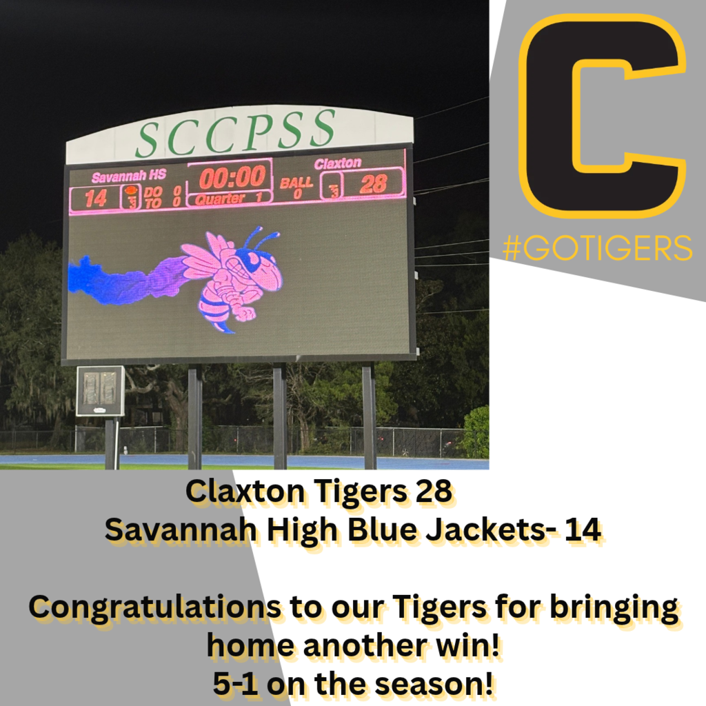 Image showing 🏈⚡ ROAD WIN! TIGERS TAKE DOWN SAVANNAH HIGH 28-14! 🏆🐅🖤💛 Our Claxton Tiger Varsity Football team locked in another big victory on the road Friday night, taking down the Savannah High Blue Jackets 28–14 in Savannah! 🚗🔥 We know we still have work to do and details to refine as the season progresses, but we are thrilled with the win and the grit our team showed on the field! With hard-earned drives on offense and crucial stops by our defense, the Tigers took care of business away from home and improved to an impressive 5–1 on the season! 📊💪 The momentum keeps building, the focus stays locked in, and our whole community is roaring together with one shared purpose! Proud of these players and coaches for putting in the work! 🥁🎺📣 Once a Tiger, always a Tiger! 🐅🐾 #OneRoar #ClaxtonTigers #CHSTigerFootball #FridayNightLights #RoadVictory #5and1 #KeepBuilding #TigerPride #OnceATigerAlwaysATiger #ClaxtonGA #CHSTigers