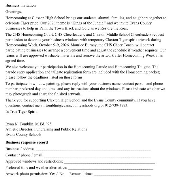 Image Showing Business Invitation for Painting The Town Black and Gold for Homecoming Week October 5-9, 2026. Business Response Record Business/address Contact /phone/email Approved windows and restrictions Preferred time and weather alternative Artwork photo permission and removal time