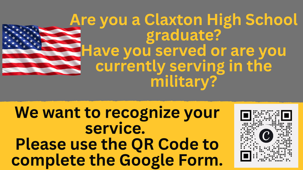 Image showing 💛🦅 HONORING OUR CHS VETERANS & ACTIVE DUTY TIGERS! 🐅🖤 As Veterans Day approaches, Claxton High School wants to honor and recognize all CHS alumni who have served or are currently serving in the United States Armed Forces! 🎖️🫡 If you or a CHS graduate you know has served or is actively serving, please take a moment to fill out our recognition form so we can celebrate your service and sacrifice: 📋 Submission Form: Complete the Google Form at https://forms.gle/gbJAccjobLYjHQUt8 📸 Photos: You can upload a service photo directly in the form OR email it to Layne Peacock at laynepeacock@evanscountyschools.org. ⏰ Deadline: The form will close on Friday, October 30th at 3:00 PM. Thank you to all our Tiger veterans and service members for your courage, dedication, and service to our country. We stand proud together with one shared purpose under One Roar!⚡ Once a Tiger, always a Tiger! 🐅🐾 #OneRoar #ClaxtonTigers #VeteransDay #CHSAlumni #SaluteToService #TigerPride #OnceATigerAlwaysATiger #ClaxtonGA #CHSTigers
