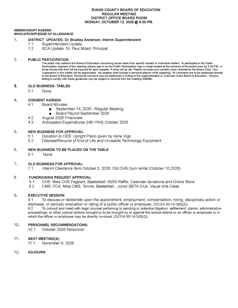 Board Meeting Agenda