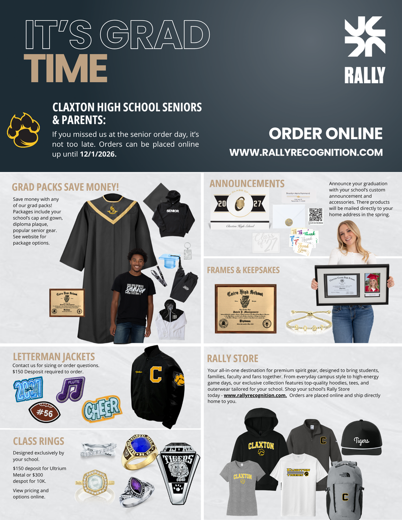 Image showing 💡 IN CASE YOU MISSED IT! 🎓🧥🐅🖤💛 Did you miss Herff Jones when they were on campus on October 5? Don't worry, Senior and Letterman orders are still open! 📜✨ 🎓 Seniors (Class of 2027): You can still order your official cap, gown, tassel, announcements, and Class of 2027 gear! 🧥 All CHS Students: Custom CHS Letterman Jackets are still available to order! 💻 Order Online Anytime: Visit www.rallyrecognition.com to place your orders directly online! 📩 Questions about sizing or packages? Contact Herff Jones directly: 📧 Email: info@rallyrecognition.com 📞 Phone: 912-764-9314 Don't wait to lock in your senior gear and letterman jackets! One team, one drive, one shared purpose! ⚡ Once a Tiger, always a Tiger! 🐅🐾 #OneRoar #ClaxtonTigers #ClassOf2027 #SeniorYear #HerffJones #RallyRecognition #LettermanJacket #CapAndGown #TigerPride #OnceATigerAlwaysATiger #ClaxtonGA #CHSTigers