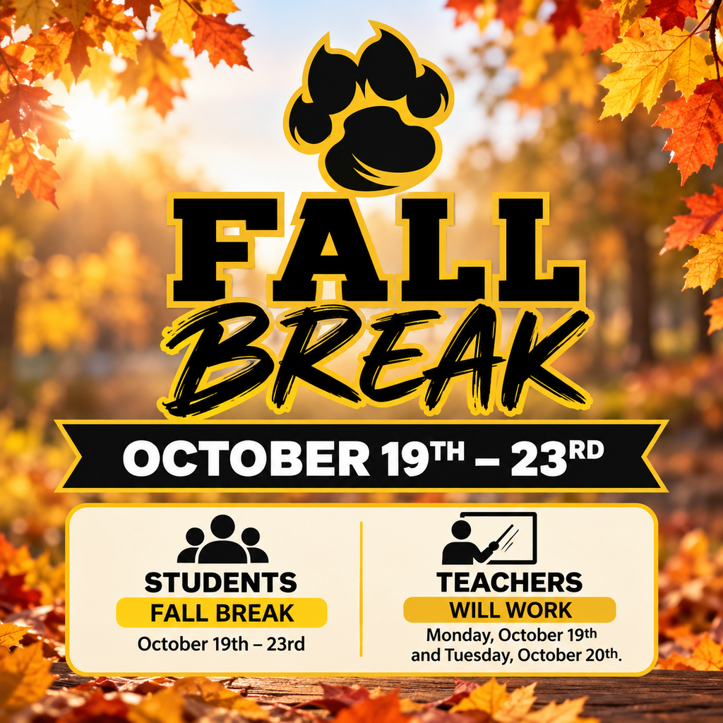 🍂🐾 FALL BREAK REMINDER! 🐾🍂 Evans County Schools students will enjoy Fall Break next week, October 19–23, 2026! 📚 Teachers will report to work on Monday, October 19, and Tuesday, October 20. We hope all of our students, families, and staff enjoy a safe, relaxing, and refreshing fall break! Take time to rest, recharge, and enjoy time with family and friends.