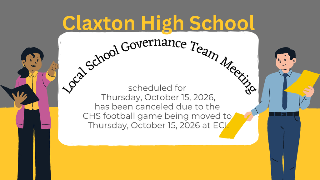 Image showing 📅 SCHEDULE CHANGE & LSGT MEETING CANCELLATION NOTICE 🐅🖤💛 Please take note of an updated schedule for this week! Due to the CHS Varsity Football game at ECI being moved to Thursday, October 15, 2026, the Local School Governance Team (LSGT) meeting originally scheduled for that evening has been canceled. 🛑 Please stay tuned to our social media channels and communication pages for details regarding the date and time of our next LSGT meeting. Thank you for your understanding, and come out to support our Tigers on Thursday night in Twin City as we stand united with one shared purpose under One Roar! 🏈⚡ Once a Tiger, always a Tiger! 🐅🐾 #OneRoar #ClaxtonTigers #CHSTigerFootball #LSGT #ScheduleUpdate #TigerPride #OnceATigerAlwaysATiger #ClaxtonGA #CHSTigers