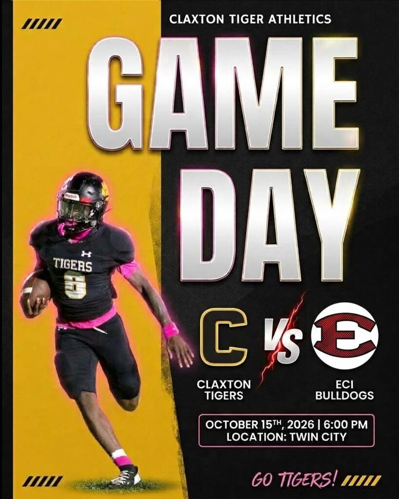 IT'S GAME DAY TIGERS! 🐅💥 We are taking the show on the road to Twin City TODAY! Please note: This game was originally scheduled for tomorrow, but it is officially happening TONIGHT! Come out, pack the stands, and bring the noise as our Claxton Tigers clash with the ECI Bulldogs! Let’s show up big and make Twin City feel like a home game! 🔊⚡️ 🗓 TODAY — Thursday, October 15th ⏰ Kickoff: 6:00 PM 📍 Location: Twin City, GA 🆚 Opponent: ECI Bulldogs Spread the word, share this post, and let’s get this win! 🏈🔥 #GoTigers #ClaxtonFootball #TigerPride #GameDay