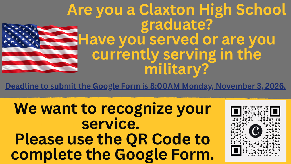 Image showing 🚨 UPDATE: DEADLINE EXTENDED FOR CHS VETERANS RECOGNITION!🦅🐅🖤💛 Attention Tiger Nation! If you haven't submitted your CHS military alumni or active duty service members yet, you've been granted an extension! ⏳✨ The deadline to submit your information and service photos for our Veterans Day recognition has been officially extended to Monday, November 3, 2026 at 8:00 AM! 🚨 If you or a CHS graduate you know has served or is currently serving in the United States Armed Forces, please take a moment to fill out our form over the weekend: 📋 Submission Form: Complete the Google Form at https://forms.gle/gbJAccjobLYjHQUt8 📸 Photos: Upload a service photo directly in the form OR email it to Layne Peacock at laynepeacock@evanscountyschools.org. ⏰ NEW DEADLINE: Monday, November 3rd at 8:00 AM! Let’s ensure every single Tiger service member is honored as we stand proud together with one shared purpose under One Roar!⚡ Once a Tiger, always a Tiger! 🐅🐾 #OneRoar #ClaxtonTigers #VeteransDay #CHSAlumni #SaluteToService #DeadlineExtended #TigerPride #OnceATigerAlwaysATiger #ClaxtonGA #CHSTigers