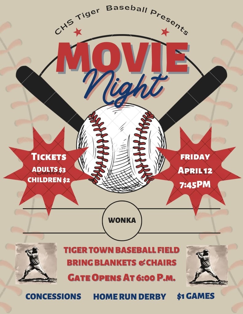 Join us TONIGHT at TigerTown at Claxton High School for Movie Night. The gate will open at 6:00pm for kids to play games such as cornhole, 9 hole, Around the Horn, and Homerun Derby, plus we’ll have face painting! The movie will begin at 7:45pm. Concessions will be available as well. Mark your calendar, come join the fun, and help support CHS Baseball! Bring your own chairs and blankets. #TigerPride #BlackAndGoldFun