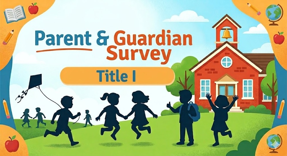 Parent & Guardian Title I survey, image of kids and schoolhouse (clip art generated by Google Gemini)