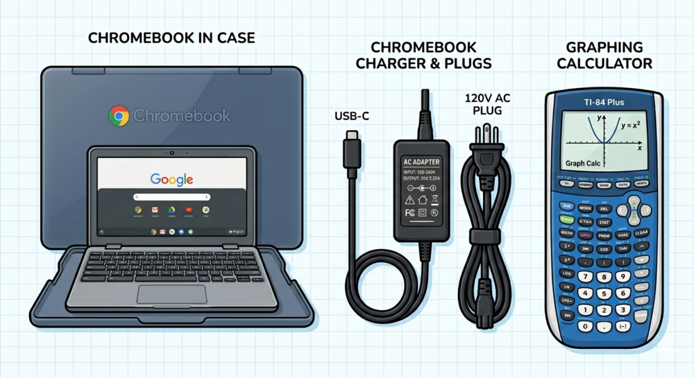 Chromebook, case, charger, graphing calculator  clip art by Gemini AI, image