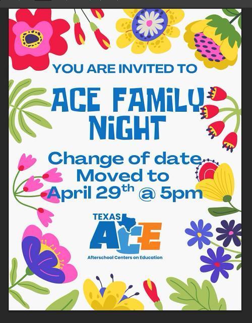 ACE Family Night 4/29, 5pm, flyer image