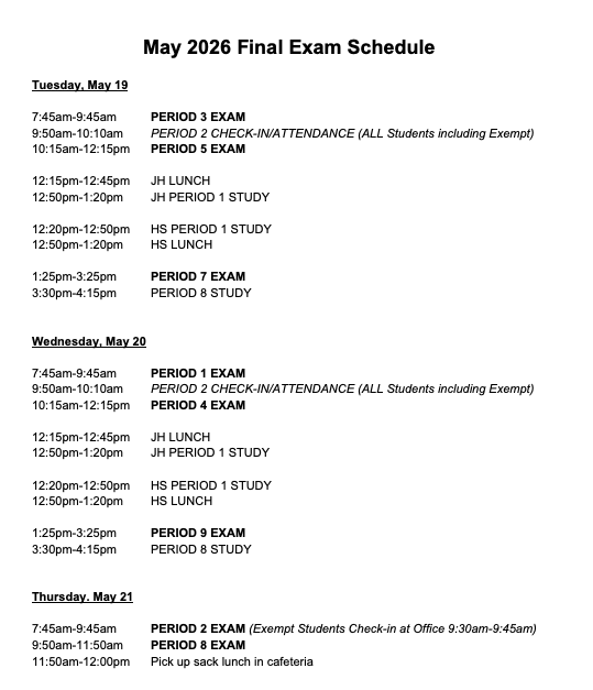 May 2026 Exam Schedule