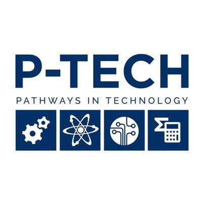 P-TECH logo, "Pathways in Technology" with 4 digital, engineering, electrical and mathematical (STEM) symbols