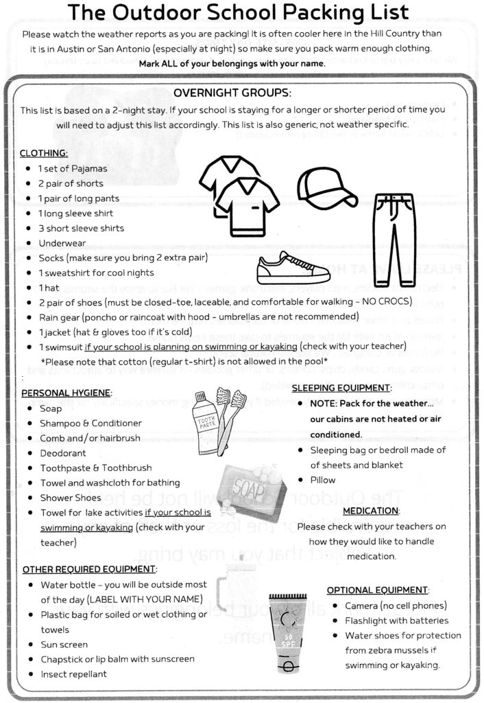 Outdoor School Packing List (page 1)
