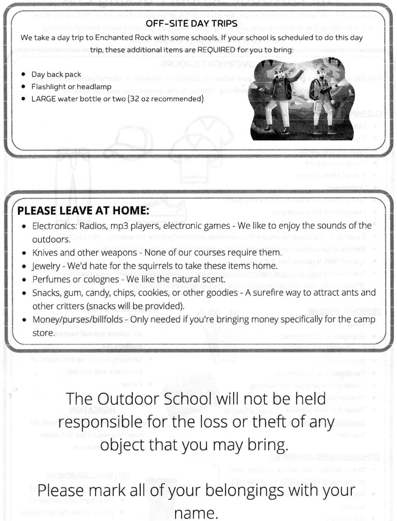 Outdoor School Packing List (page 2)