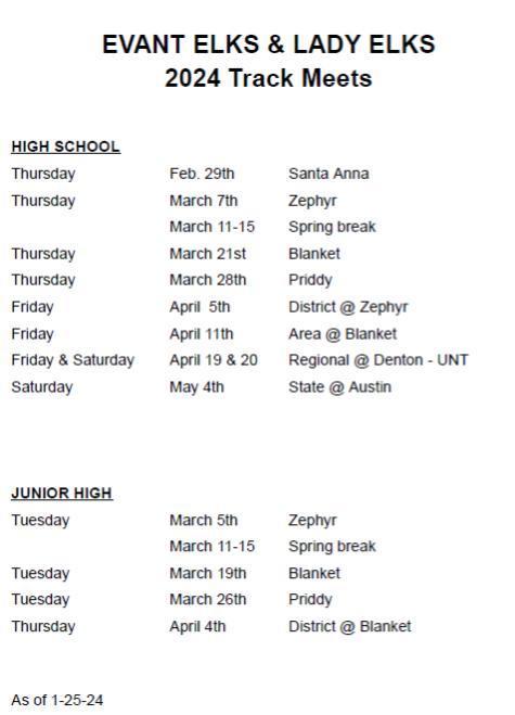 2024 Track Schedule | Evant Independent School District