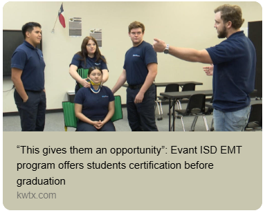 KWTX Interview summary image, captioned "This gives them an opportunity." Evant ISD EMT program offers students certification before graduation.