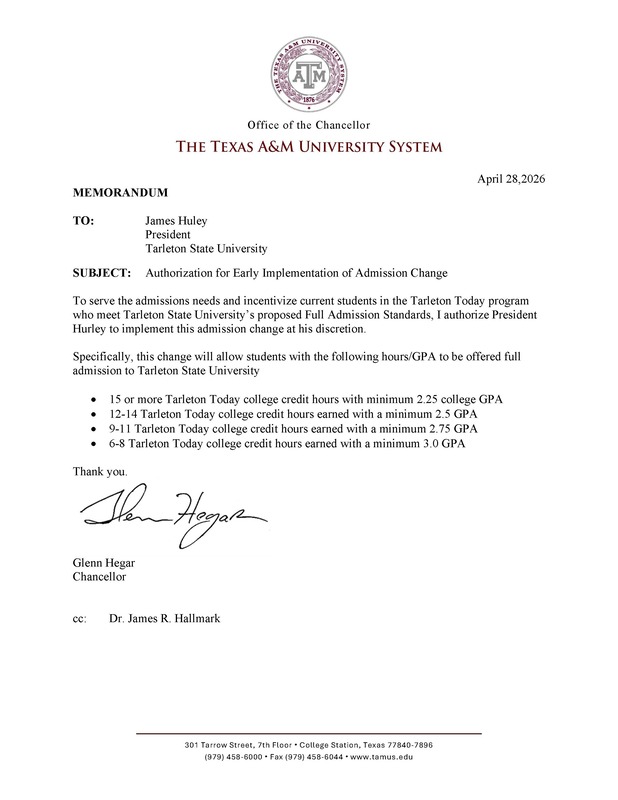 Tarleton Today Admission Memorandum image